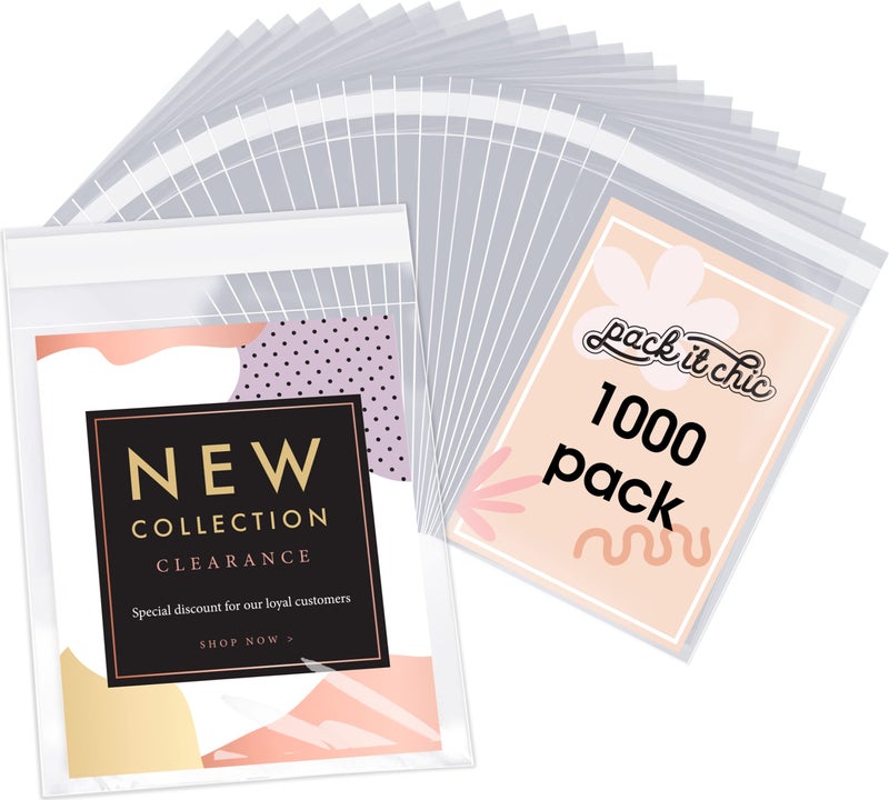 Pack It Chic - 5 × 7 (1000 حزمة) أكياس تشيلو شفافة قابلة للإغلاق - تناسب المطبوعات والصور مقاس 5 × 7 وبطاقات وأظرف A2 A4 A6 - ختم ذاتي - Image 1